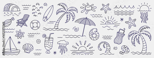 Hand Drawn Beach and Ocean Elements Collection with Palm Trees and Seashells summer vacation