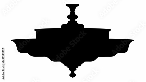 Silhouette of an ornate chandelier with multiple tiers and decorative elements hanging from the ceiling