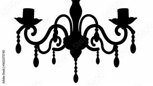 Silhouette of an ornate chandelier with candle holders and hanging crystals on a white background
