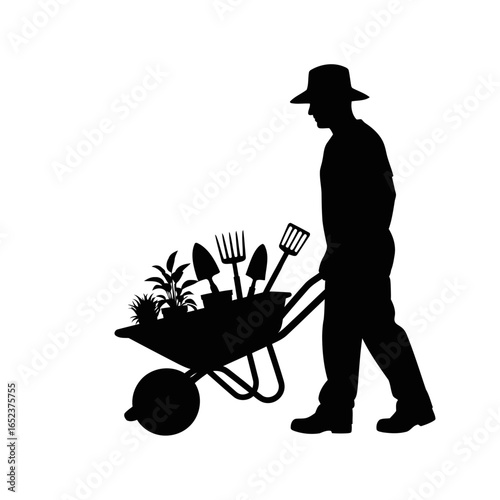 black silhouette gardener pushing wheelbarrow clip art preview