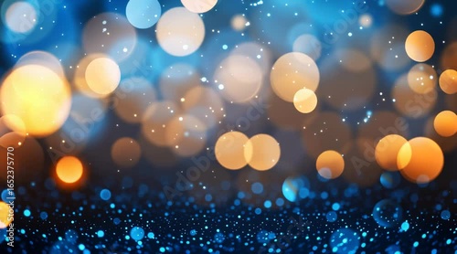 An abstract, festive background of sparkling golden and blue bokeh lights.