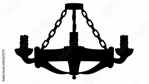 Silhouette of an ornate chandelier with chain supports and candle holders against a white background view