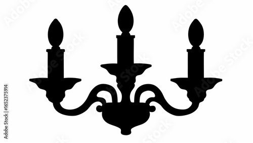 Silhouette of a classic chandelier with three candle holders and decorative arms against a white background