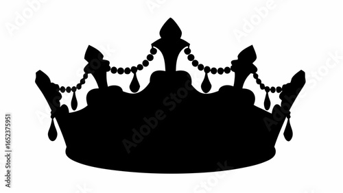 A silhouette of a crown with decorative beads and teardrop shapes against a white background is shown here