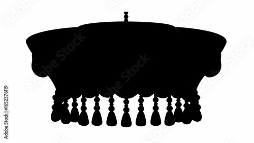 Silhouette illustration of a decorative canopy or valance with hanging tassels in black and white design