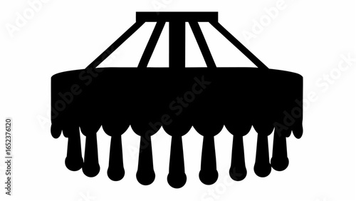 Illustration of a black chandelier with a circular shade and hanging droplets on a white background silhouette