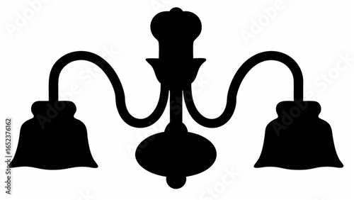 Silhouette of a three arm chandelier with bell shaped shades and decorative elements in black and white color