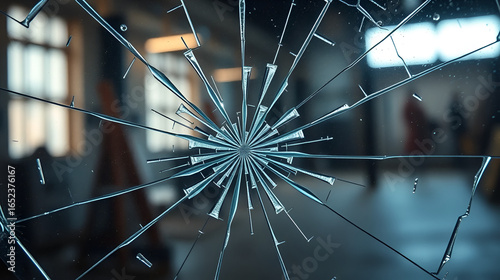 Close-up image of a shattered triplex glass with bullet marks, radiating cracks, and mobility stand in the background Bright lighting and muted colors