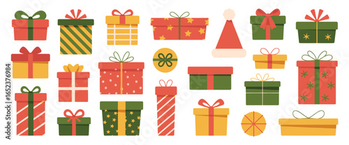 Flat design collection of Christmas gift boxes and Santa hat in red green and yellow present holiday