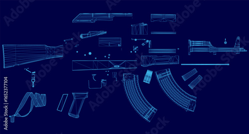 Blueprint of a gun displayed in wireframe style on a blue background, highlighting intricate mechanical components. Detailed view showcases barrel, trigger, and internal mechanisms.