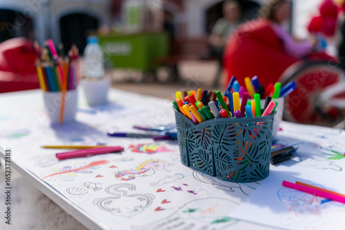 Papier peint Art supplies on white paper table, colorful markers in holder with scattered pen