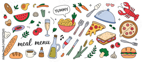 Hand drawn food and drink icons with meal menu text on white background illustration