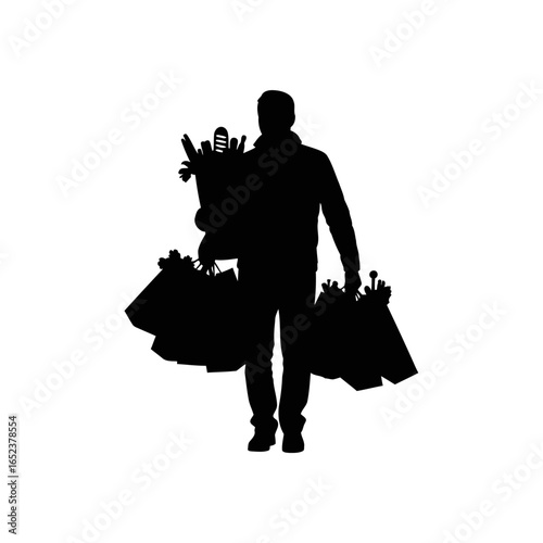 silhouette of man carrying shopping bags on transparent background