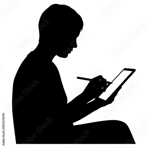 silhouette of person using stylus on transparent tablet