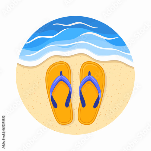 Flip flops on the beach. Sandy coast and waves. Summer vector illustration for banner, card, invitation, sales.