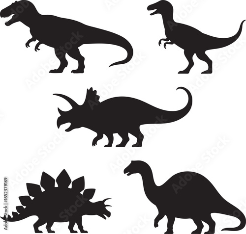 Silhouettes of various dinosaurs including Tyrannosaurus Rex, Triceratops, and Stegosaurus prehistoric