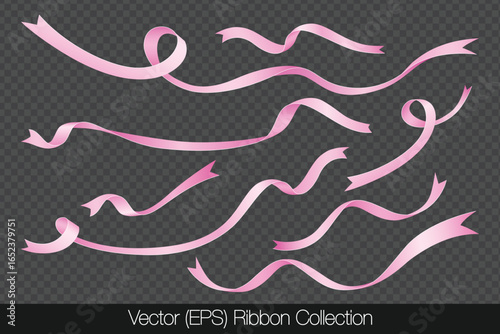 Realistic set of pink ribbons isolated on a transparent background, featuring curved ribbons in different lengths, twists, and shapes. Vector illustration for holiday decorations and graphic projects