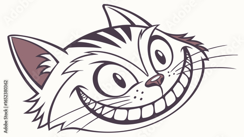 Cartoonish cat head with a wide grin and striped forehead staring directly at the viewer in monochrome style