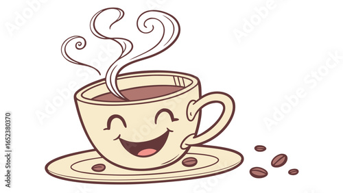 A cartoon coffee cup with a happy face steaming on a saucer with scattered coffee beans around it