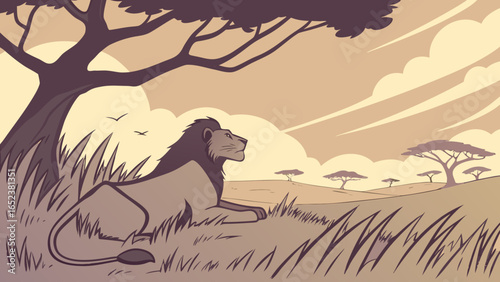Lion resting under a tree in the savanna with birds flying in the sky and other trees in the distance