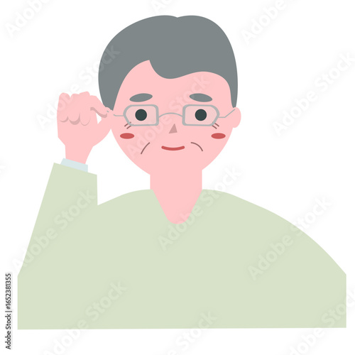 眼鏡をクイッとあげるおじいちゃん。ベクターイラスト	
