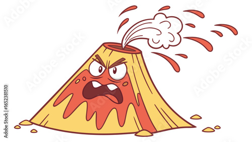 Cartoon volcano erupting with angry face and lava flowing down the sides on a white background view