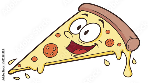 Cartoon pizza slice with pepperoni and cheese dripping and a happy face on a white background image