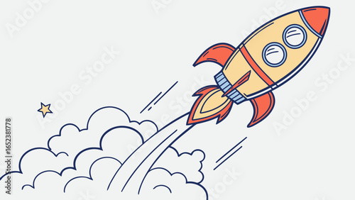 Cartoon rocket launching into space with smoke trails and a star in the background illustration