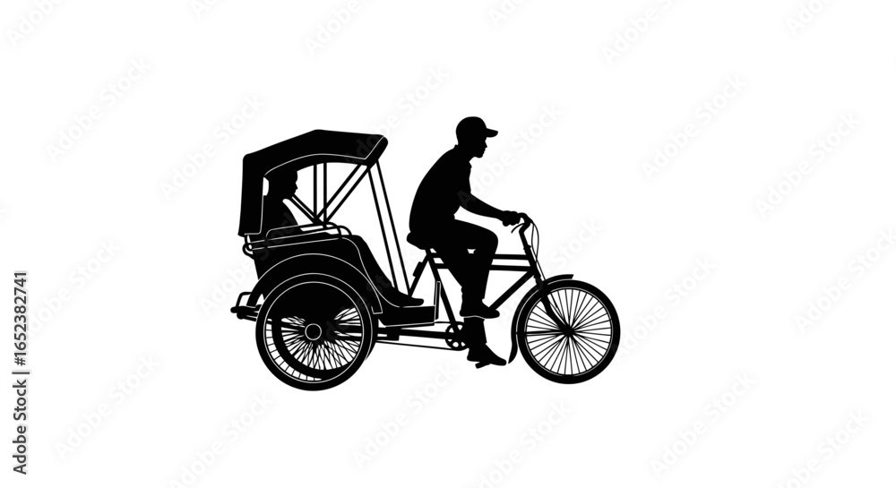 Obraz premium transparent background silhouette of a cyclist pulling a passenger on a tricycle