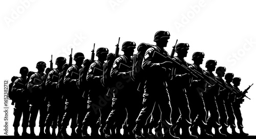 transparent background silhouette marching soldiers powerful military vector