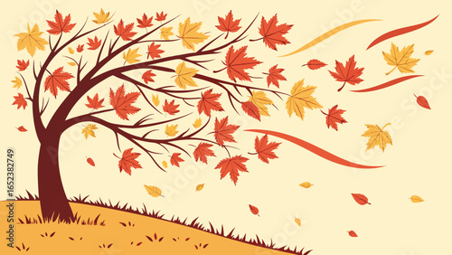 Illustration of a windblown tree with red and yellow leaves in an autumn landscape scene on a beige background