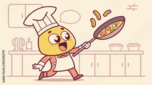 Cartoon chef character tossing food in a pan in a kitchen with cabinets and other kitchenware items
