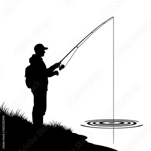 transparent background silhouette of fisherman casting rod on lake