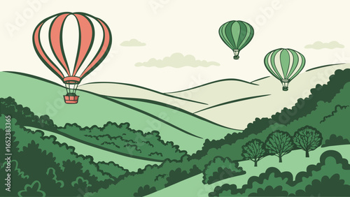 Illustration of hot air balloons floating over a green landscape with rolling hills and trees below