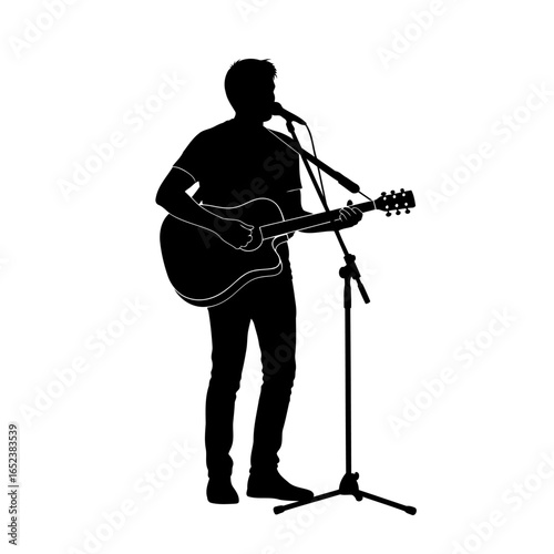 transparent background silhouette of singer with acoustic guitar