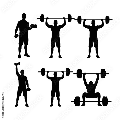 transparent background silhouettes six diverse weightlifting exercises