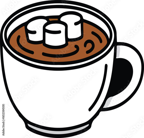 White Mug Filled with Hot Chocolate and Three Marshmallows on a White Background cocoa drink vector EPS file download