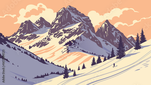 A snowy mountain range with a skier descending a slope under a pastel colored sky landscape view