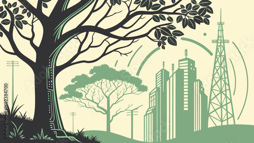 Illustration showing a large tree with circuit patterns, buildings, and a transmission tower in green