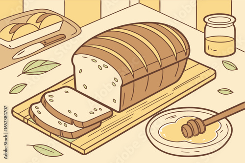 Fresh baked bread loaf with honey illustration for breakfast food and bakery product marketing content