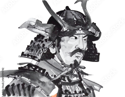 Illustration of a military commander wearing armor and a helmet, drawn with a brush. Handwritten style. Brush. Japan. Japanese style. Warring States period.