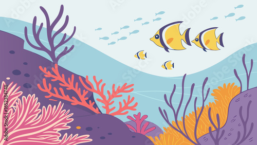 Illustration of a vibrant underwater scene with colorful coral and schools of yellow fish swimming around