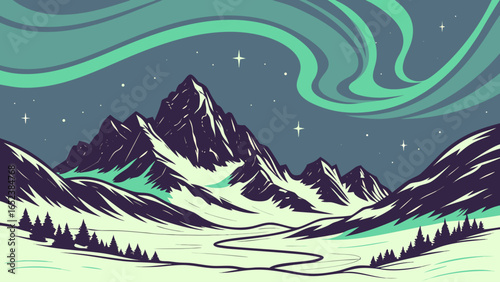 A stylized winter landscape with snow covered mountains trees and aurora borealis in the night sky above