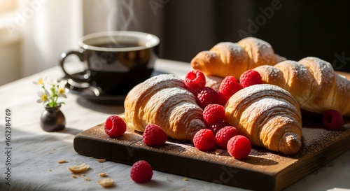 A close-up of croissants and raspberries on a rustic wooden board, with a steaming cup of black coffee in the background.