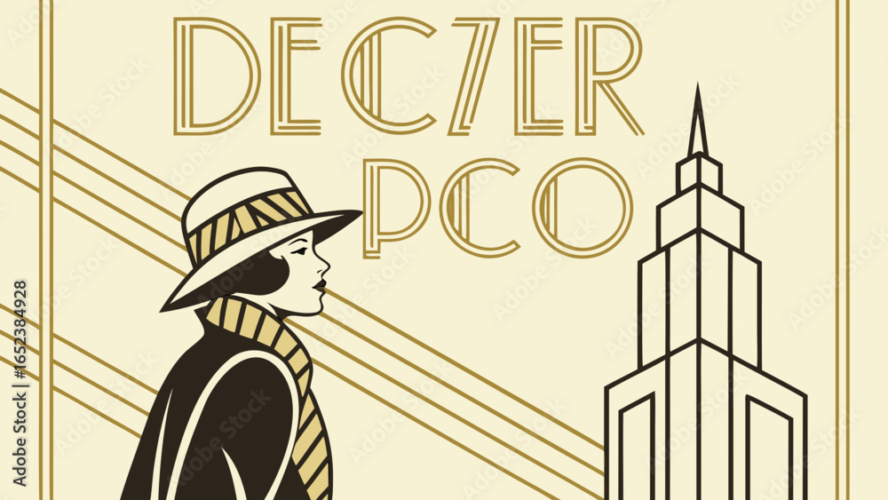 Naklejka premium Art deco illustration featuring a woman in a hat and coat next to a stylized building design element