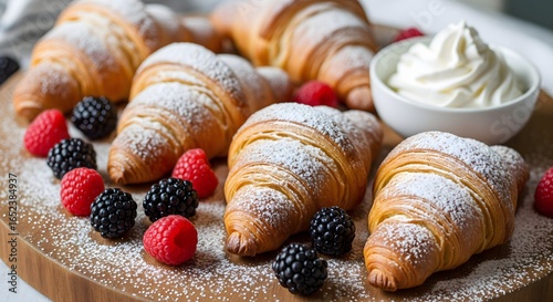 Croissants styled with powdered sugar, fresh raspberries, and blackberries, served on a wooden board with a small bowl of whipped cream.