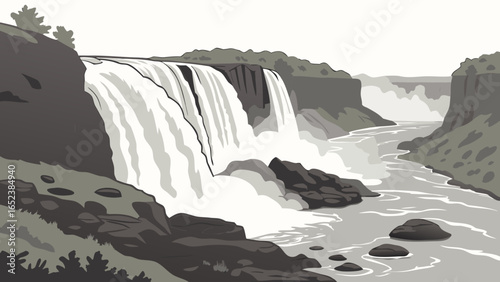 Illustration of a waterfall cascading down rocks into a river surrounded by rocky cliffs and greenery