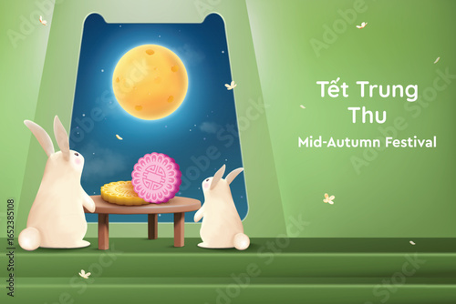 Tết Trung Thu - Mid-Autumn Festival Banner On Green Background Vector for Greetings, Sale, Etc. Cute Rabbits Celebrating Festival With Mooncakes While Gazing At The Full Moon Through a Window.