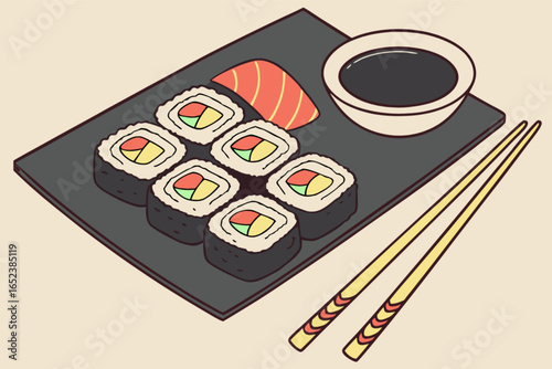 Delicious japanese sushi roll platter with salmon nigiri and soy sauce for asian food enthusiasts