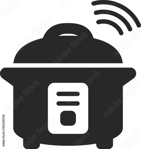 Smart rice cooker glyph icon with wireless connectivity, IoT kitchen automation, and precision cooking, vector.